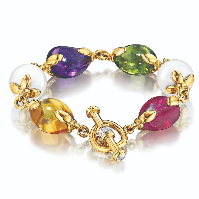 'Fulco' toggle bracelet with amethyst, citrine, South Sea cultured pearl, spinel and peridot in 18k yellow gold