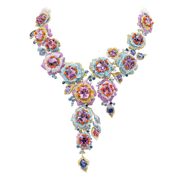 'Rose de France' transformable necklace with blue, pink, orange, purple and raspberry spinel, Paraiba tourmaline, diamond and enamel