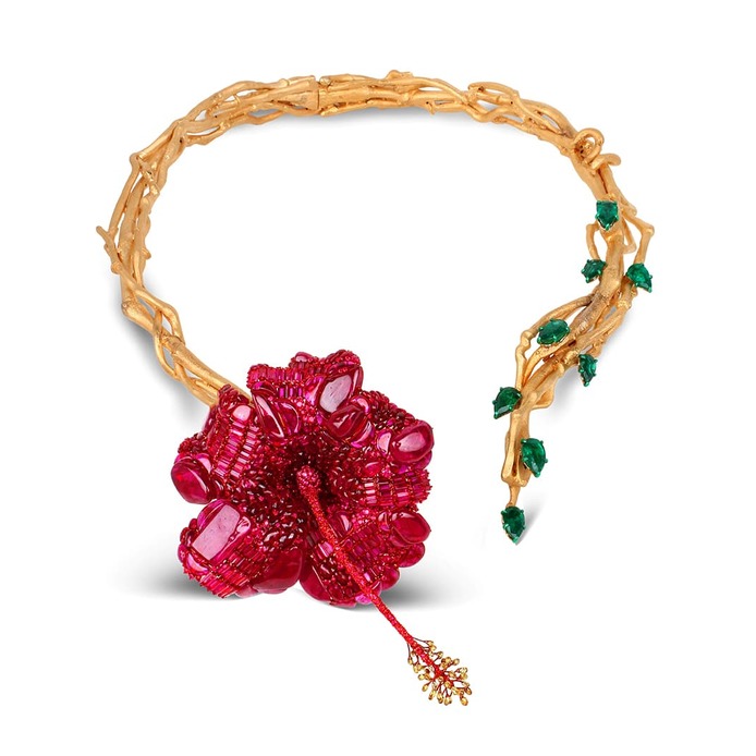 ‘Hibiscus’ necklace for Sotheby's 'In Bloom' exhibition with Mozambique ruby, colourless and yellow diamond, and Zambian emerald