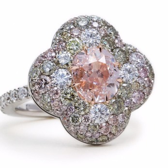 Ring with central antique pink diamond, blue, green, pink and colourless diamonds