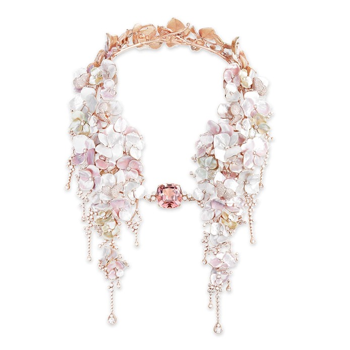 ‘Nuage de Fleurs’ necklace with 42.96 carat cushion cut pink tourmaline, mother of pearl and diamond in 18k rose gold
