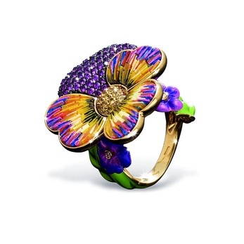 'Printemps Mon Amour' ring with micromosaic, pink and purple sapphire in enamel and 18k yellow gold
